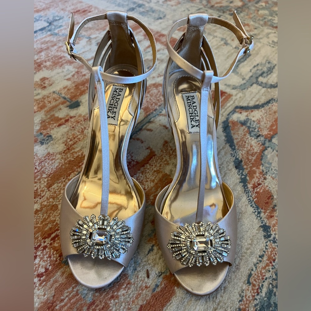 Badgley Mischka Satin Heels with Crystal Embellishments